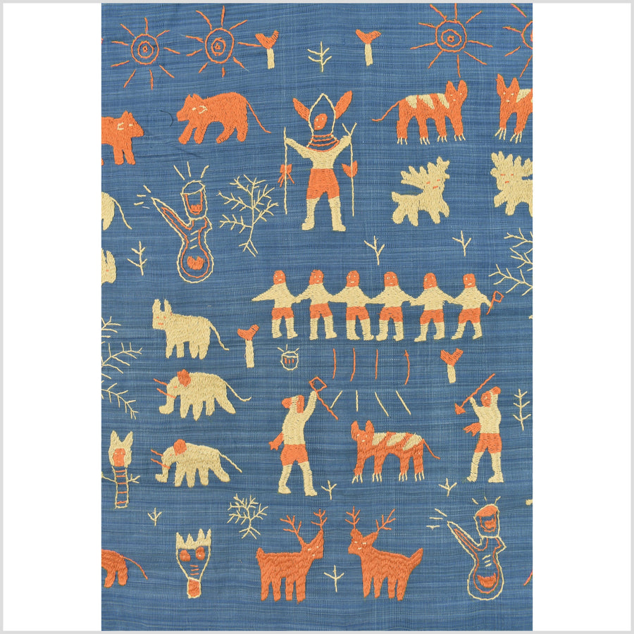 Beautiful sky blue, tangerine & sand Naga tribal textile cotton story quilt, animals, totems, boho hilltribe tapestry Thailand India EC178