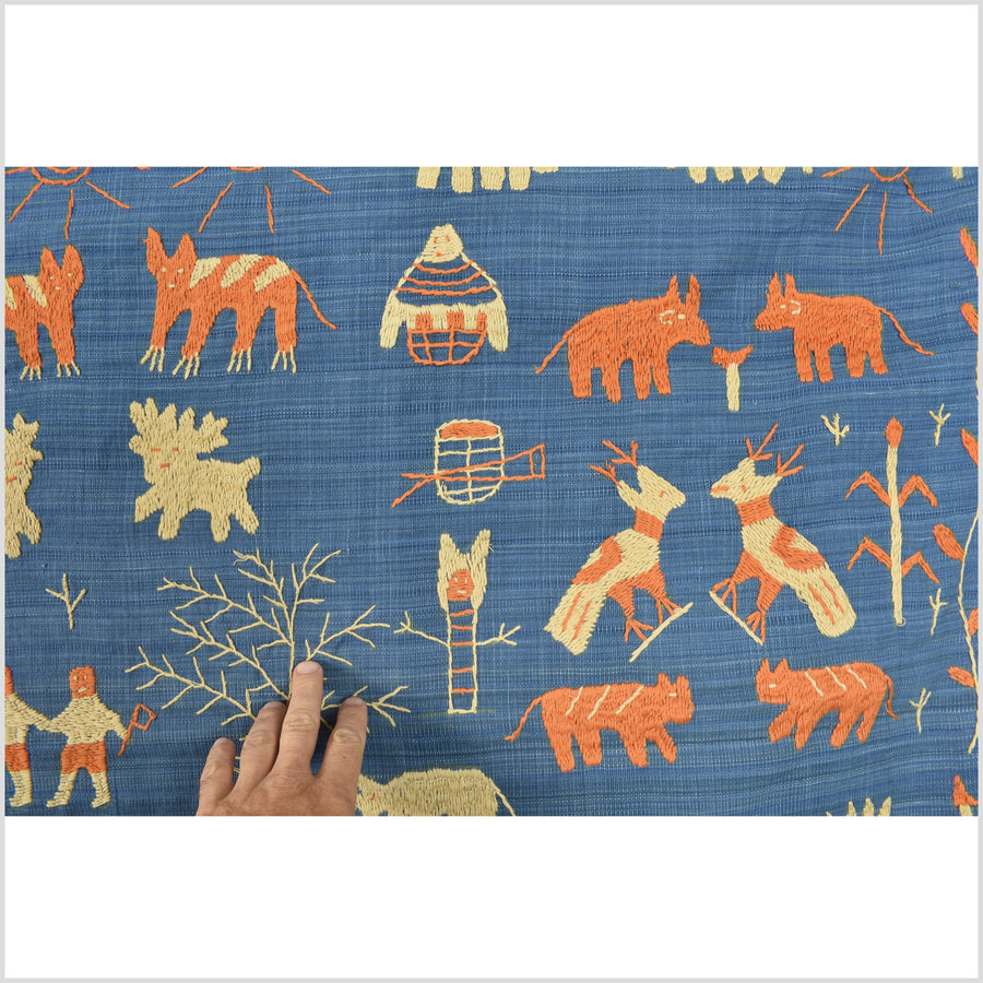 Beautiful sky blue, tangerine & sand Naga tribal textile cotton story quilt, animals, totems, boho hilltribe tapestry Thailand India EC178