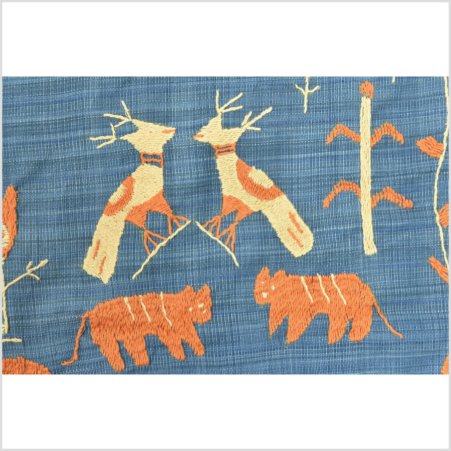 Beautiful sky blue, tangerine & sand Naga tribal textile cotton story quilt, animals, totems, boho hilltribe tapestry Thailand India EC179