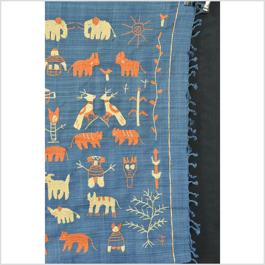 Beautiful sky blue, tangerine & sand Naga tribal textile cotton story quilt, animals, totems, boho hilltribe tapestry Thailand India EC179