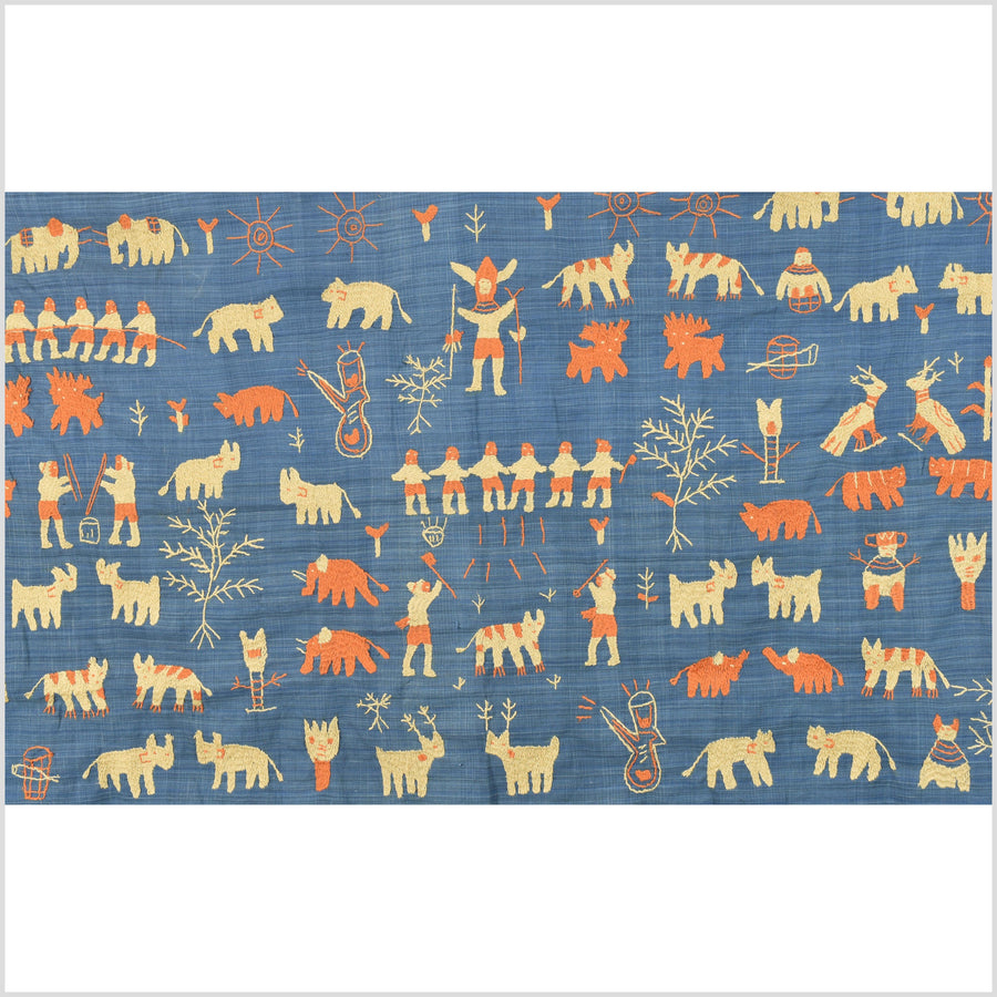 Beautiful sky blue, tangerine & sand Naga tribal textile cotton story quilt, animals, totems, boho hilltribe tapestry Thailand India EC180
