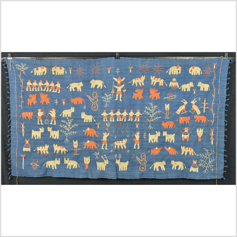 Beautiful sky blue, tangerine & sand Naga tribal textile cotton story quilt, animals, totems, boho hilltribe tapestry Thailand India EC180