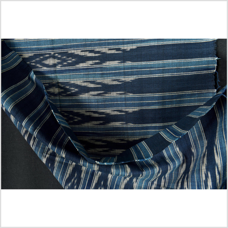 Ikat tribal tapestry, indigo blue, black & gray geometric pattern runner, Laos Tai Lue boho ethnic home decor, handwoven cotton skirt sarong Asian fabric EC183