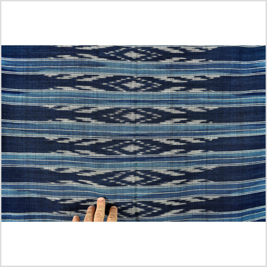 Ikat tribal tapestry, indigo blue, black & gray geometric pattern runner, Laos Tai Lue boho ethnic home decor, handwoven cotton skirt sarong Asian fabric EC183