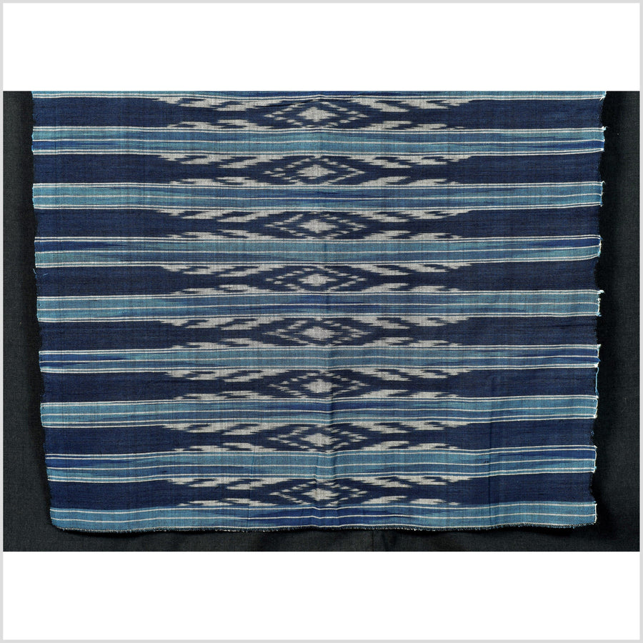 Ikat tribal tapestry, indigo blue, black & gray geometric pattern runner, Laos Tai Lue boho ethnic home decor, handwoven cotton skirt sarong Asian fabric EC183