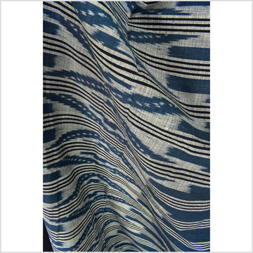 Ikat tribal tapestry, indigo blue, black & gray geometric pattern runner, Laos Tai Lue boho ethnic home decor, handwoven cotton skirt sarong Asian fabric EC184