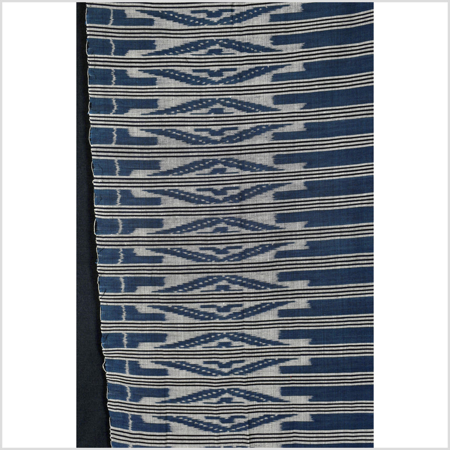 Ikat tribal tapestry, indigo blue, black & gray geometric pattern runner, Laos Tai Lue boho ethnic home decor, handwoven cotton skirt sarong Asian fabric EC184