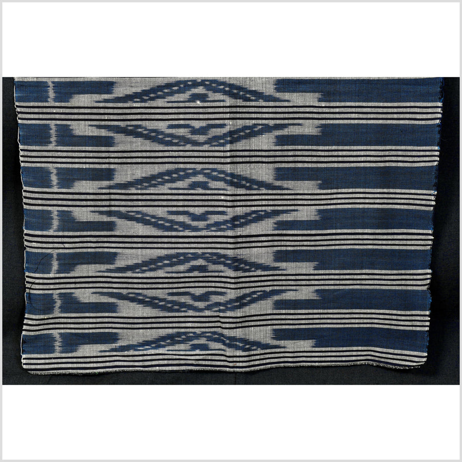 Ikat tribal tapestry, indigo blue, black & gray geometric pattern runner, Laos Tai Lue boho ethnic home decor, handwoven cotton skirt sarong Asian fabric EC184