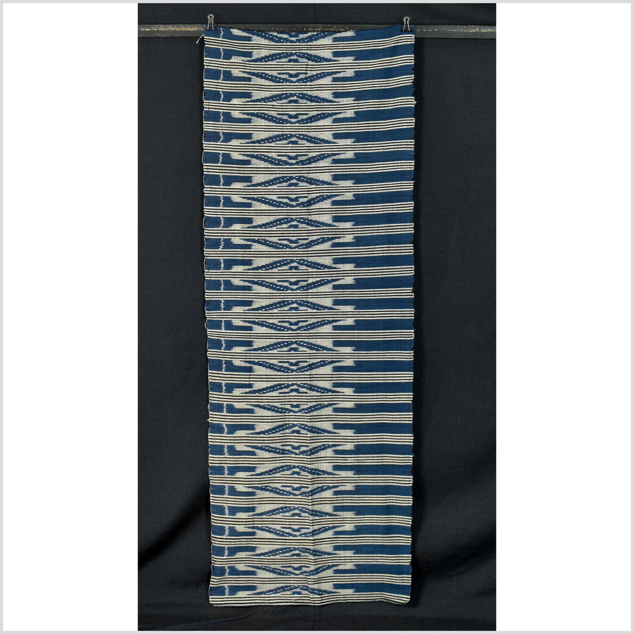 Ikat tribal tapestry, indigo blue, black & gray geometric pattern runner, Laos Tai Lue boho ethnic home decor, handwoven cotton skirt sarong Asian fabric EC184