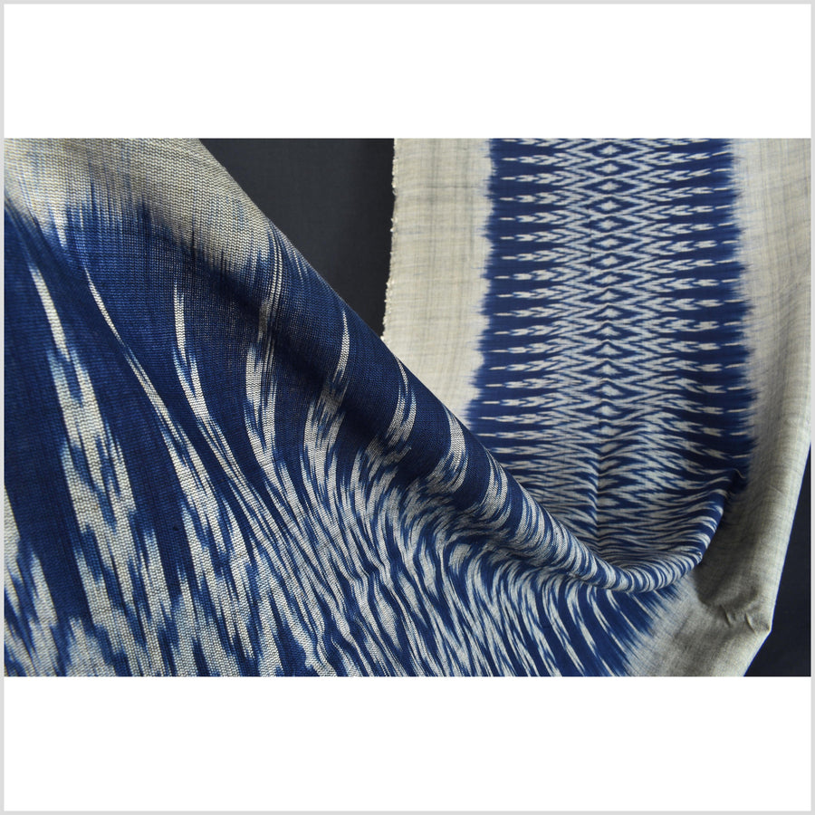 Ikat tribal tapestry, indigo blue, black & gray geometric pattern runner, Laos Tai Lue boho ethnic home decor, handwoven cotton skirt sarong Asian fabric EC185