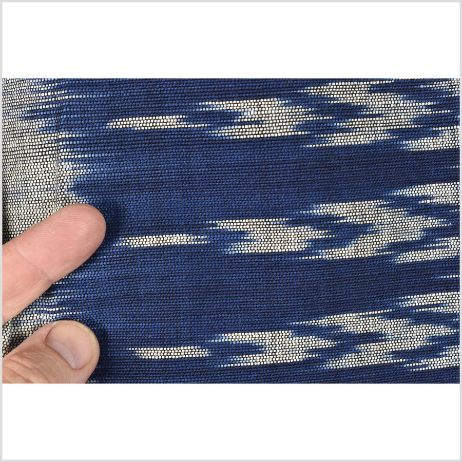 Ikat tribal tapestry, indigo blue, black & gray geometric pattern runner, Laos Tai Lue boho ethnic home decor, handwoven cotton skirt sarong Asian fabric EC185