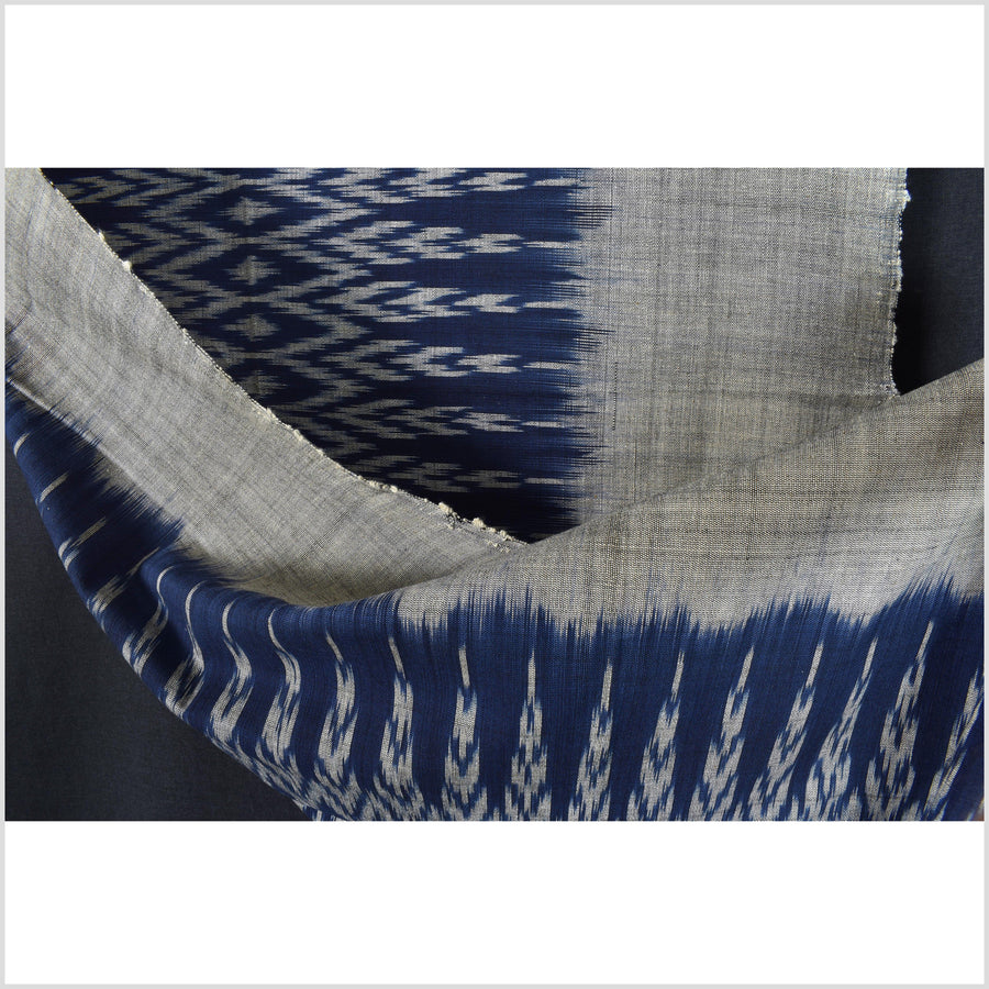 Ikat tribal tapestry, indigo blue, black & gray geometric pattern runner, Laos Tai Lue boho ethnic home decor, handwoven cotton skirt sarong Asian fabric EC185