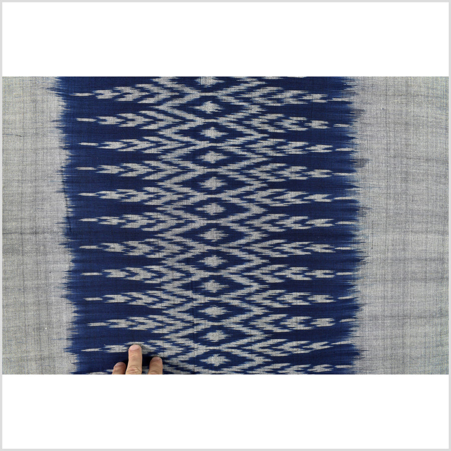 Ikat tribal tapestry, indigo blue, black & gray geometric pattern runner, Laos Tai Lue boho ethnic home decor, handwoven cotton skirt sarong Asian fabric EC185