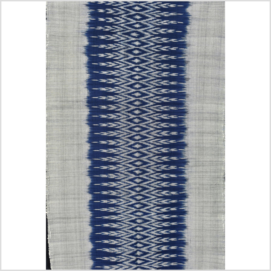 Ikat tribal tapestry, indigo blue, black & gray geometric pattern runner, Laos Tai Lue boho ethnic home decor, handwoven cotton skirt sarong Asian fabric EC185