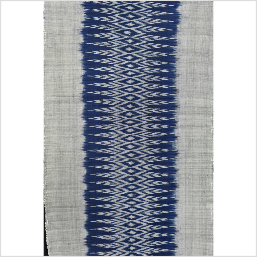 Ikat tribal tapestry, indigo blue, black & gray geometric pattern runner, Laos Tai Lue boho ethnic home decor, handwoven cotton skirt sarong Asian fabric EC185