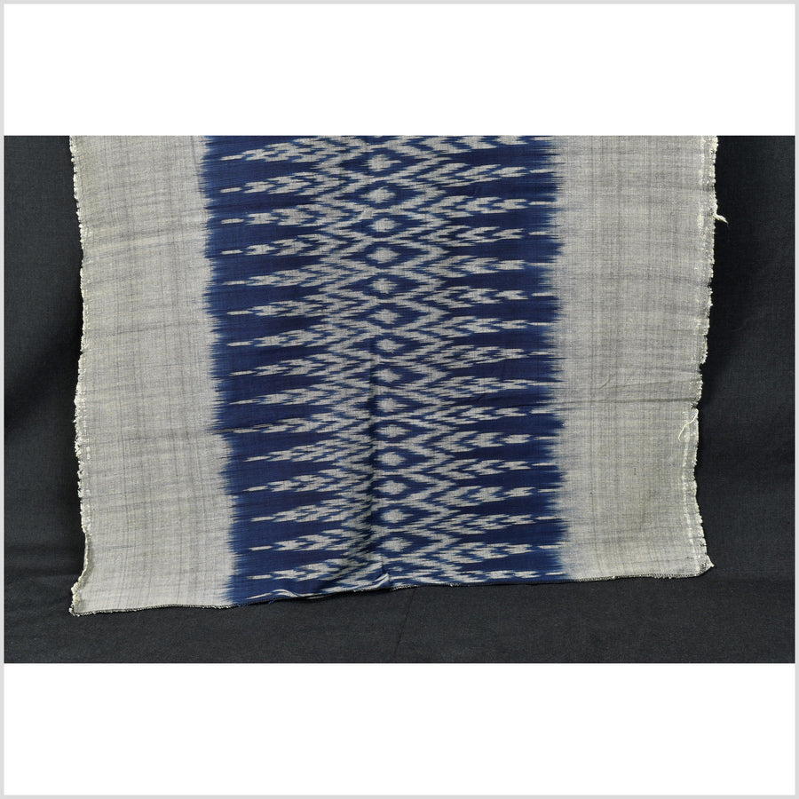 Ikat tribal tapestry, indigo blue, black & gray geometric pattern runner, Laos Tai Lue boho ethnic home decor, handwoven cotton skirt sarong Asian fabric EC185