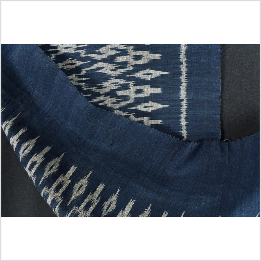 Ikat tribal tapestry, indigo blue, black & gray geometric pattern runner, Laos Tai Lue boho ethnic home decor, handwoven cotton skirt sarong Asian fabric EC186