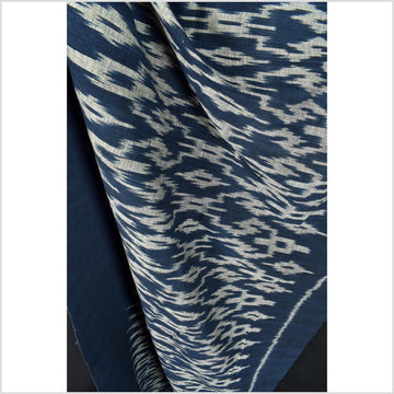 Ikat tribal tapestry, indigo blue, black & gray geometric pattern runner, Laos Tai Lue boho ethnic home decor, handwoven cotton skirt sarong Asian fabric EC186