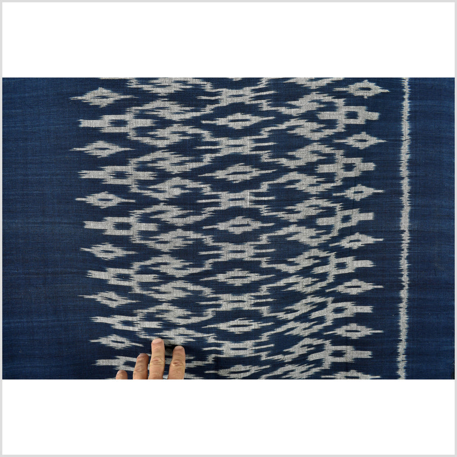 Ikat tribal tapestry, indigo blue, black & gray geometric pattern runner, Laos Tai Lue boho ethnic home decor, handwoven cotton skirt sarong Asian fabric EC186