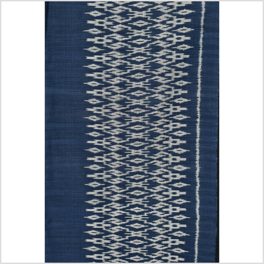 Ikat tribal tapestry, indigo blue, black & gray geometric pattern runner, Laos Tai Lue boho ethnic home decor, handwoven cotton skirt sarong Asian fabric EC186