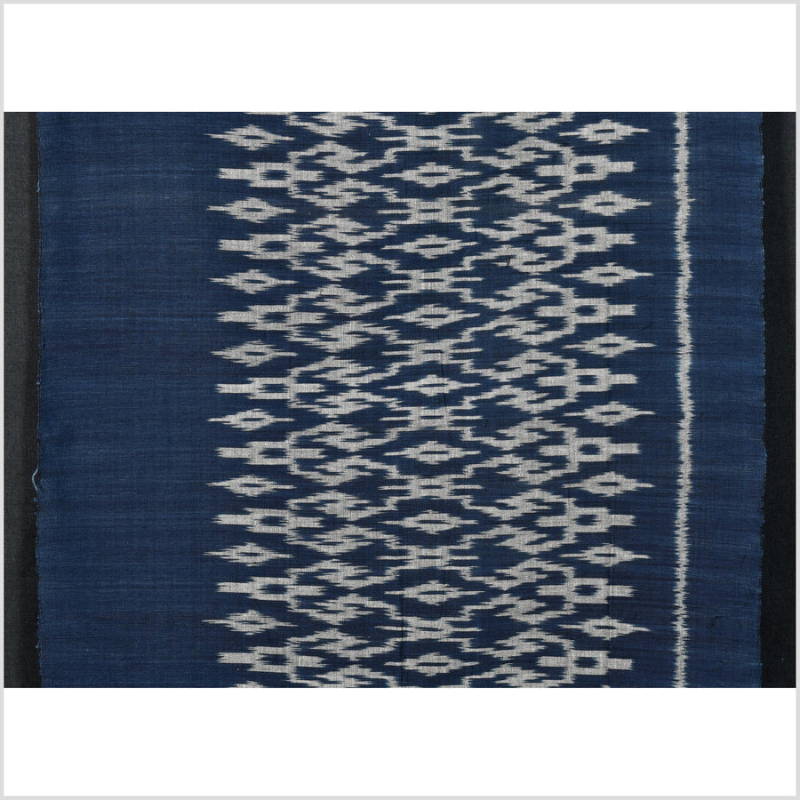 Ikat tribal tapestry, indigo blue, black & gray geometric pattern runner, Laos Tai Lue boho ethnic home decor, handwoven cotton skirt sarong Asian fabric EC186