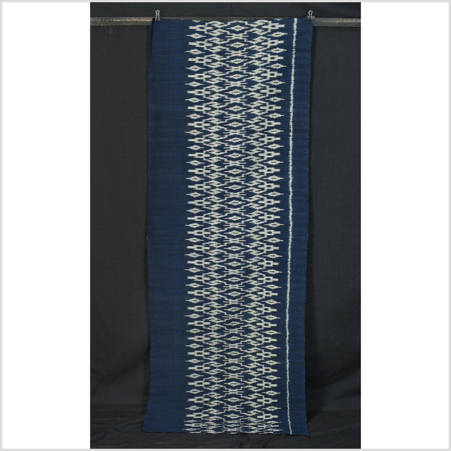 Ikat tribal tapestry, indigo blue, black & gray geometric pattern runner, Laos Tai Lue boho ethnic home decor, handwoven cotton skirt sarong Asian fabric EC186