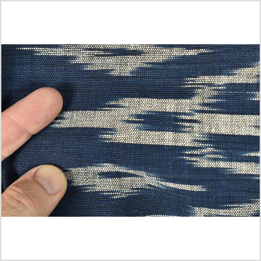 Ikat tribal tapestry, indigo blue, black & gray geometric pattern runner, Laos Tai Lue boho ethnic home decor, handwoven cotton skirt sarong Asian fabric EC186