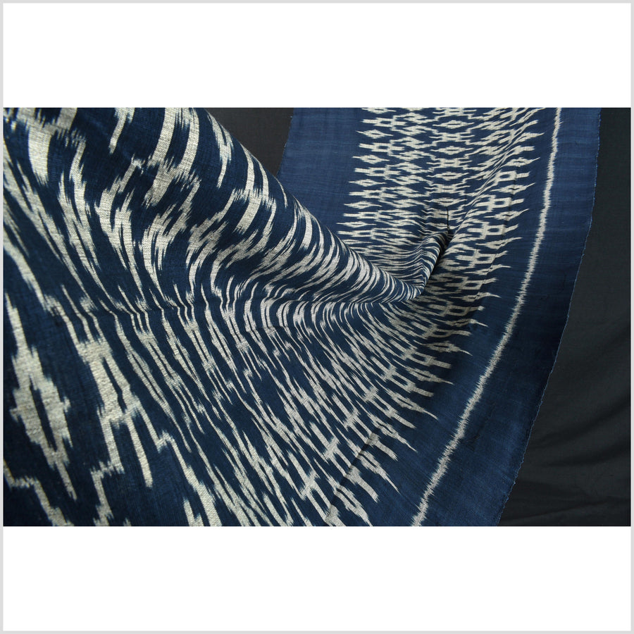 Ikat tribal tapestry, indigo blue, black & gray geometric pattern runner, Laos Tai Lue boho ethnic home decor, handwoven cotton skirt sarong Asian fabric EC186