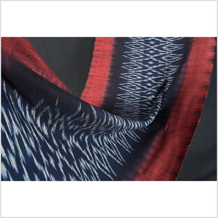 Ikat tribal tapestry, indigo blue, black, red & gray geometric pattern runner, Laos ethnic home decor, handwoven cotton skirt sarong Asian fabric EC187