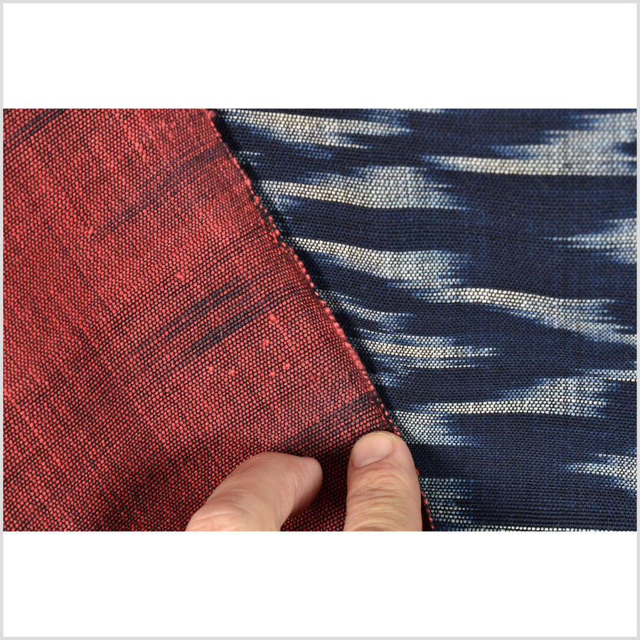 Ikat tribal tapestry, indigo blue, black, red & gray geometric pattern runner, Laos ethnic home decor, handwoven cotton skirt sarong Asian fabric EC187