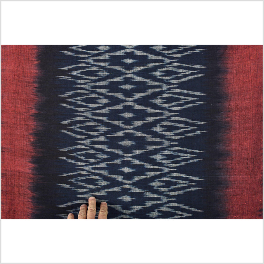 Ikat tribal tapestry, indigo blue, black, red & gray geometric pattern runner, Laos ethnic home decor, handwoven cotton skirt sarong Asian fabric EC187