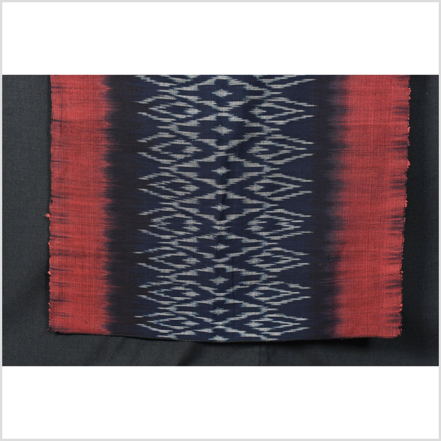 Ikat tribal tapestry, indigo blue, black, red & gray geometric pattern runner, Laos ethnic home decor, handwoven cotton skirt sarong Asian fabric EC187