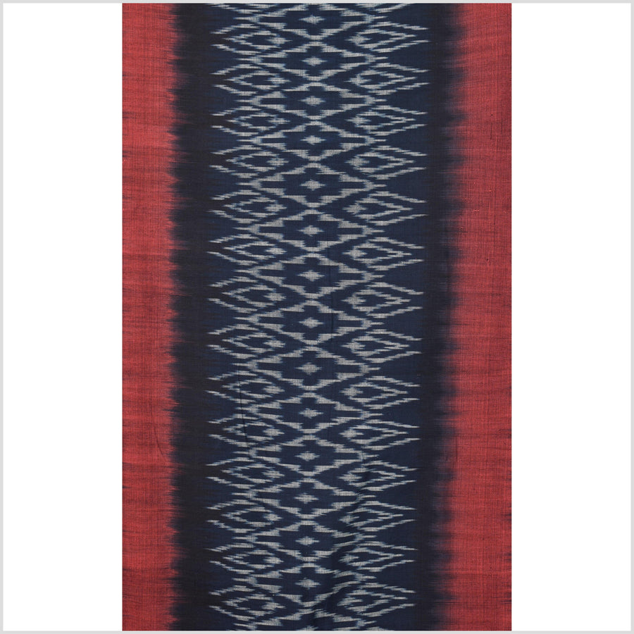 Ikat tribal tapestry, indigo blue, black, red & gray geometric pattern runner, Laos ethnic home decor, handwoven cotton skirt sarong Asian fabric EC187