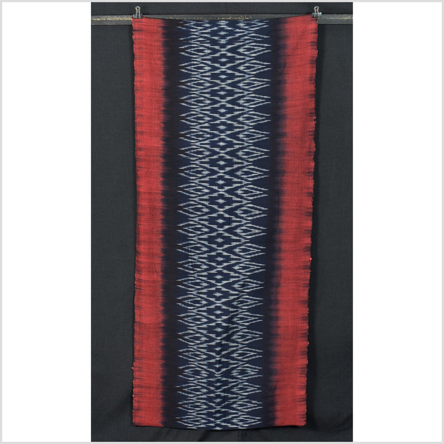 Ikat tribal tapestry, indigo blue, black, red & gray geometric pattern runner, Laos ethnic home decor, handwoven cotton skirt sarong Asian fabric EC187