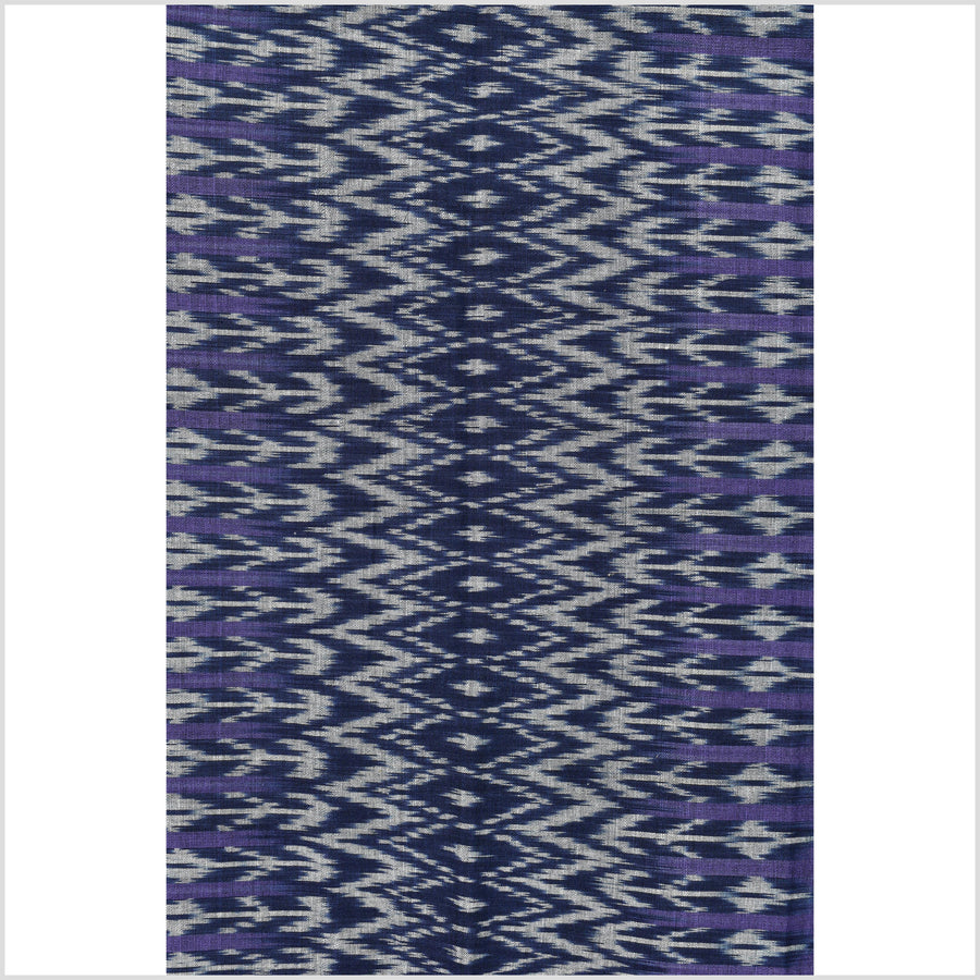 Ikat tribal tapestry, indigo blue, black, purple & gray geometric pattern runner, Laos ethnic home decor, handwoven cotton skirt sarong Asian fabric EC188