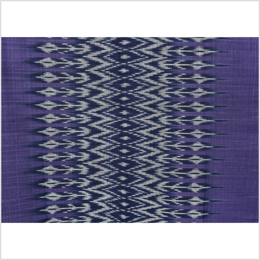 Ikat tribal tapestry, indigo blue, black, purple & gray geometric pattern runner, Laos ethnic home decor, handwoven cotton skirt sarong Asian fabric EC188