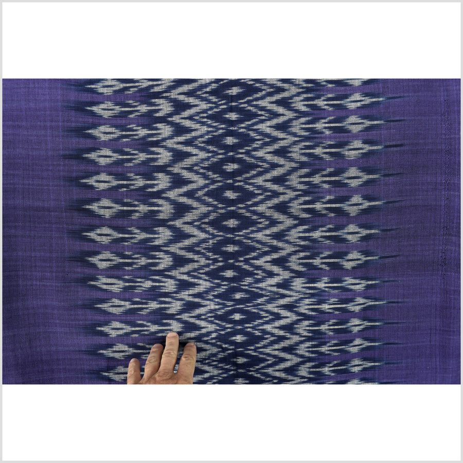 Ikat tribal tapestry, indigo blue, black, purple & gray geometric pattern runner, Laos ethnic home decor, handwoven cotton skirt sarong Asian fabric EC188