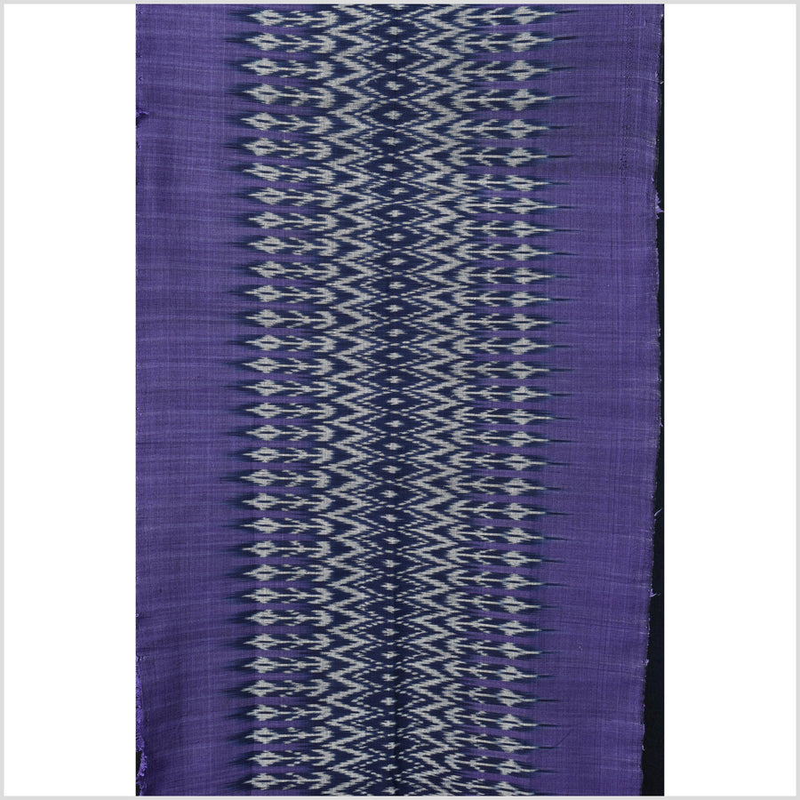 Ikat tribal tapestry, indigo blue, black, purple & gray geometric pattern runner, Laos ethnic home decor, handwoven cotton skirt sarong Asian fabric EC188