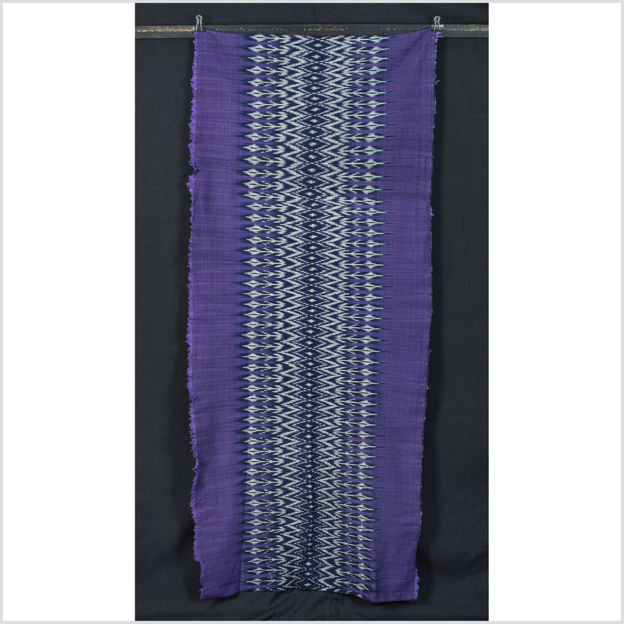 Ikat tribal tapestry, indigo blue, black, purple & gray geometric pattern runner, Laos ethnic home decor, handwoven cotton skirt sarong Asian fabric EC188