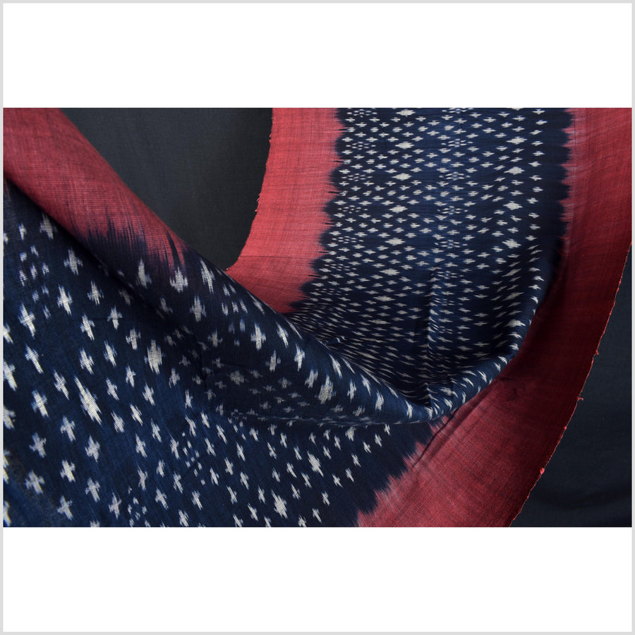 Ikat tribal tapestry, indigo blue, black, red & gray geometric pattern runner, Laos ethnic home decor, handwoven cotton skirt sarong Asian fabric EC189