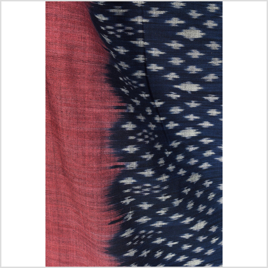 Ikat tribal tapestry, indigo blue, black, red & gray geometric pattern runner, Laos ethnic home decor, handwoven cotton skirt sarong Asian fabric EC189