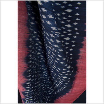 Ikat tribal tapestry, indigo blue, black, red & gray geometric pattern runner, Laos ethnic home decor, handwoven cotton skirt sarong Asian fabric EC189