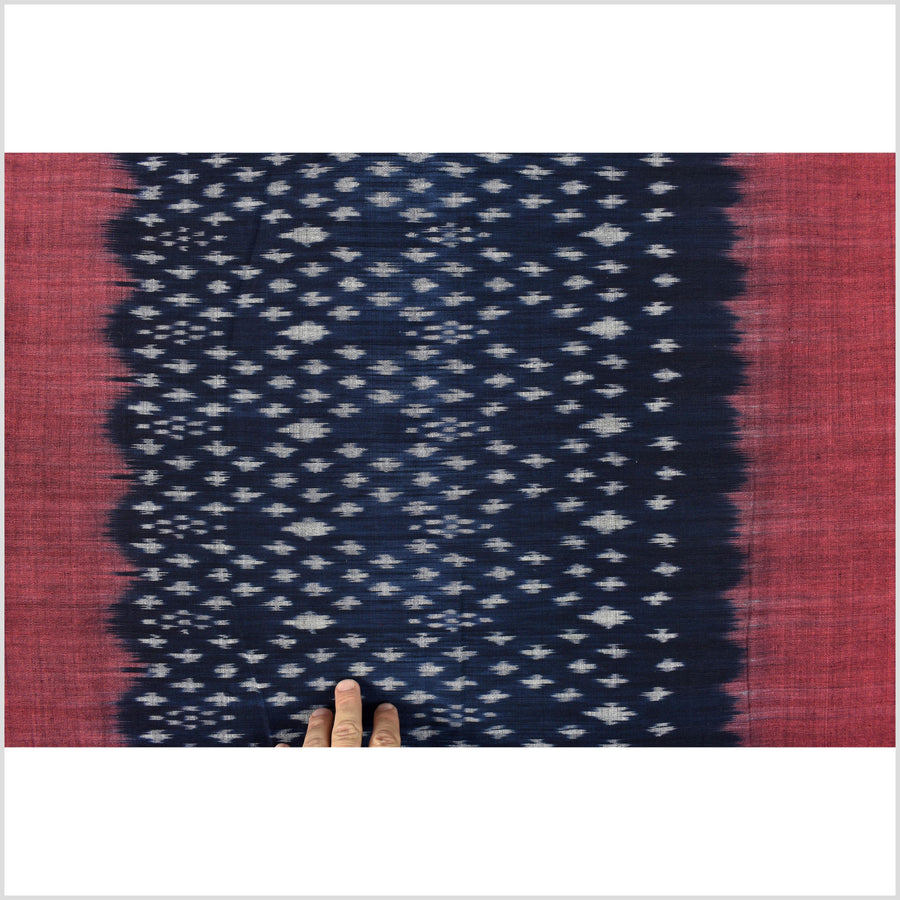 Ikat tribal tapestry, indigo blue, black, red & gray geometric pattern runner, Laos ethnic home decor, handwoven cotton skirt sarong Asian fabric EC189