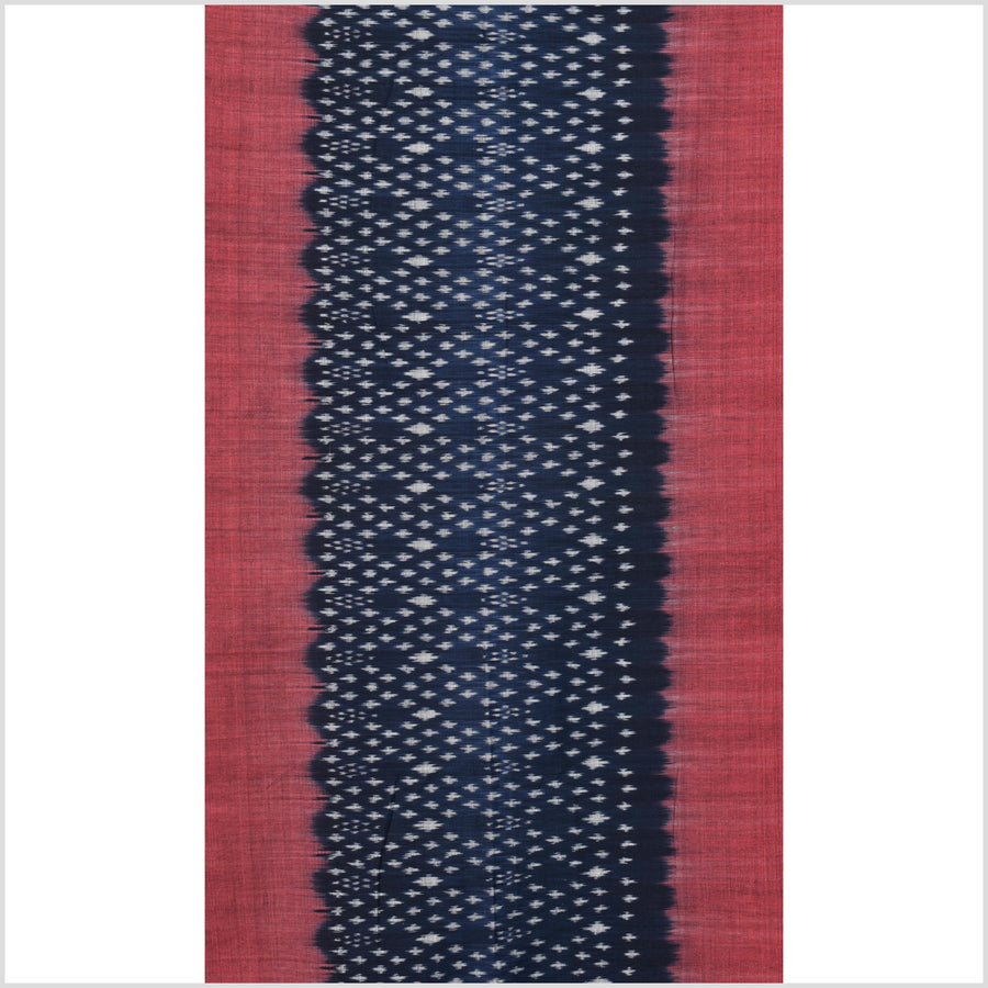 Ikat tribal tapestry, indigo blue, black, red & gray geometric pattern runner, Laos ethnic home decor, handwoven cotton skirt sarong Asian fabric EC189