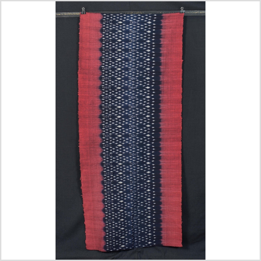 Ikat tribal tapestry, indigo blue, black, red & gray geometric pattern runner, Laos ethnic home decor, handwoven cotton skirt sarong Asian fabric EC189