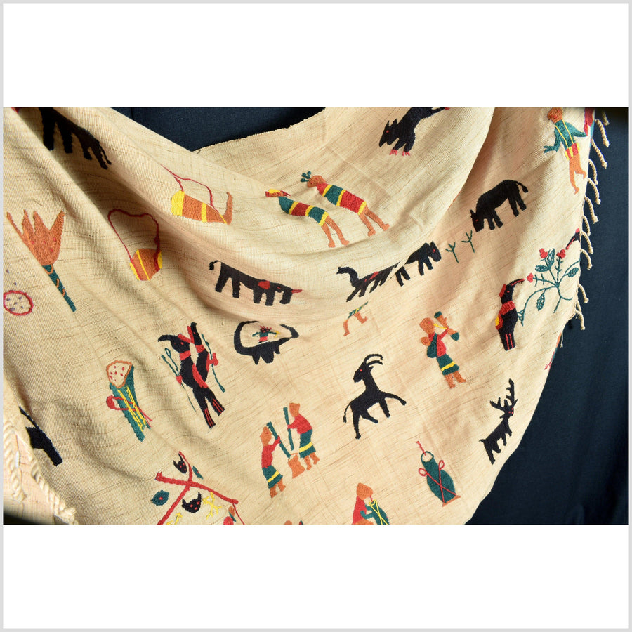 Tan camel beige, cotton story quilt Naga tribal textile ethnic embroidered boho fabric Burma hill tribe tapestry Thailand India Hmong EC19