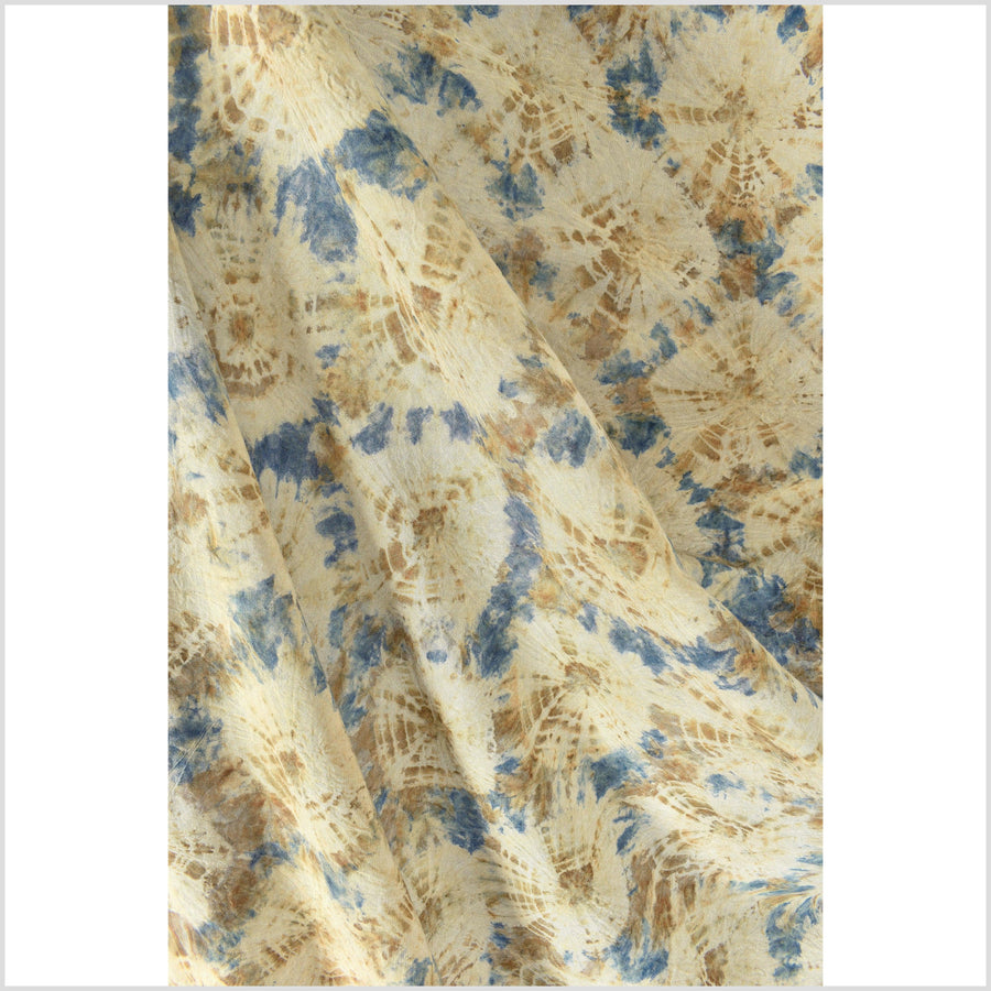 Riveting blue, orange, gold Shibori tie dye textile, lightweight handmade cotton cloth, gorgeous muslin unique fabric, star pattern EC1