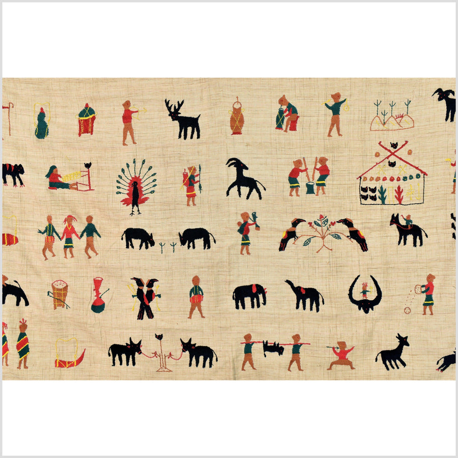 Tan camel beige, cotton story quilt Naga tribal textile ethnic embroidered boho fabric Burma hill tribe tapestry Thailand India Hmong EC22
