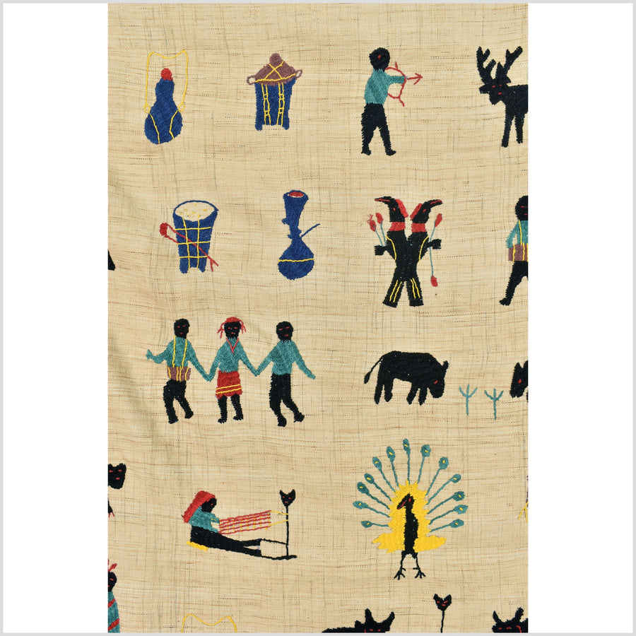 Tan camel beige, cotton story quilt Naga tribal textile ethnic embroidered boho fabric Burma hill tribe tapestry Thailand India Hmong EC23