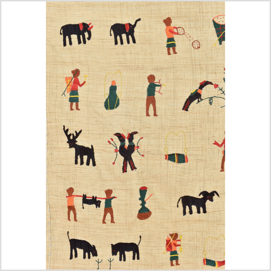 Tan blonde beige, cotton story quilt Naga tribal textile ethnic embroidered boho fabric Burma hill tribe tapestry Thailand India Hmong EC24